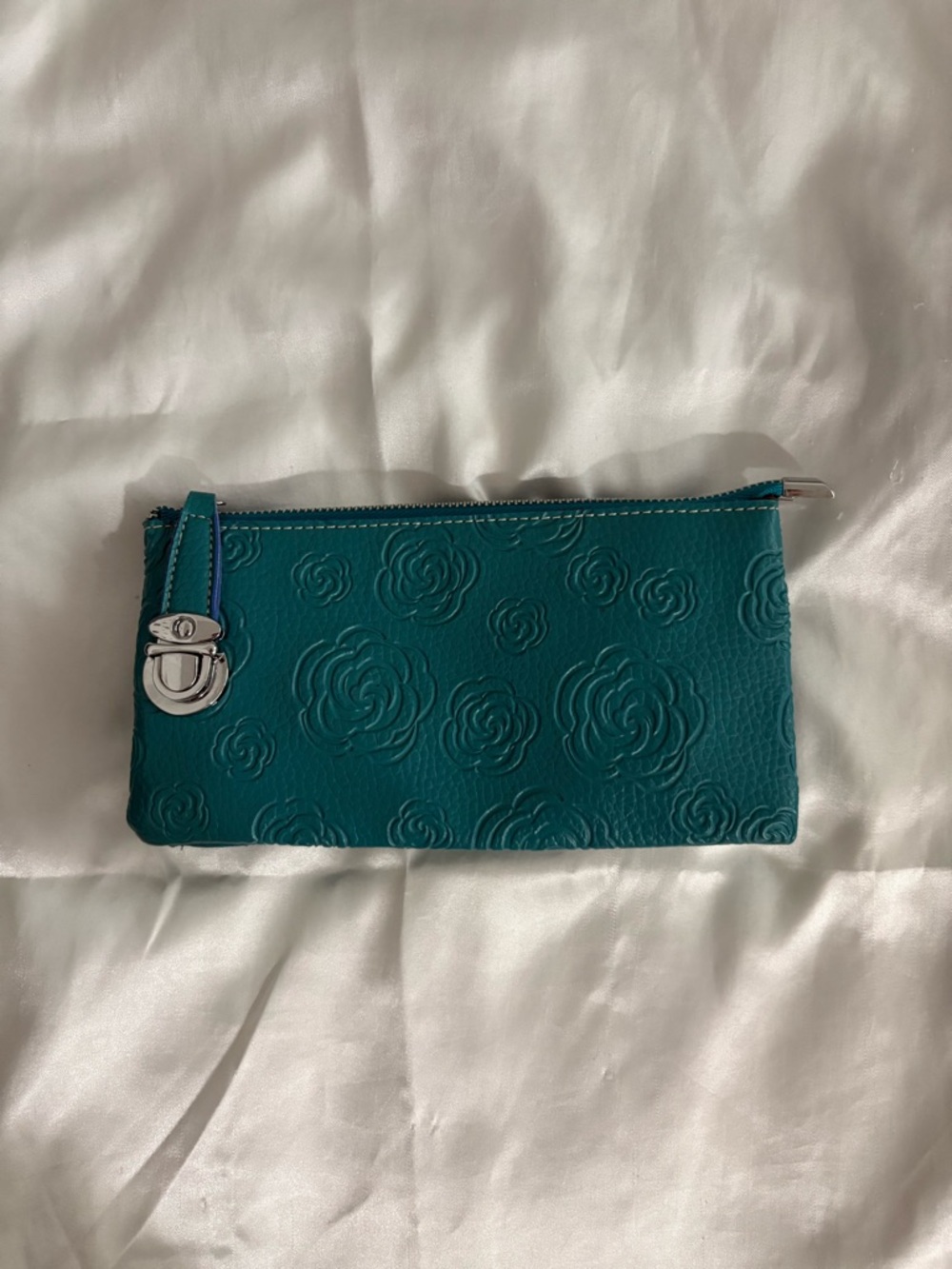 Teal Embossed Floral Leather Wristlet Clutch
